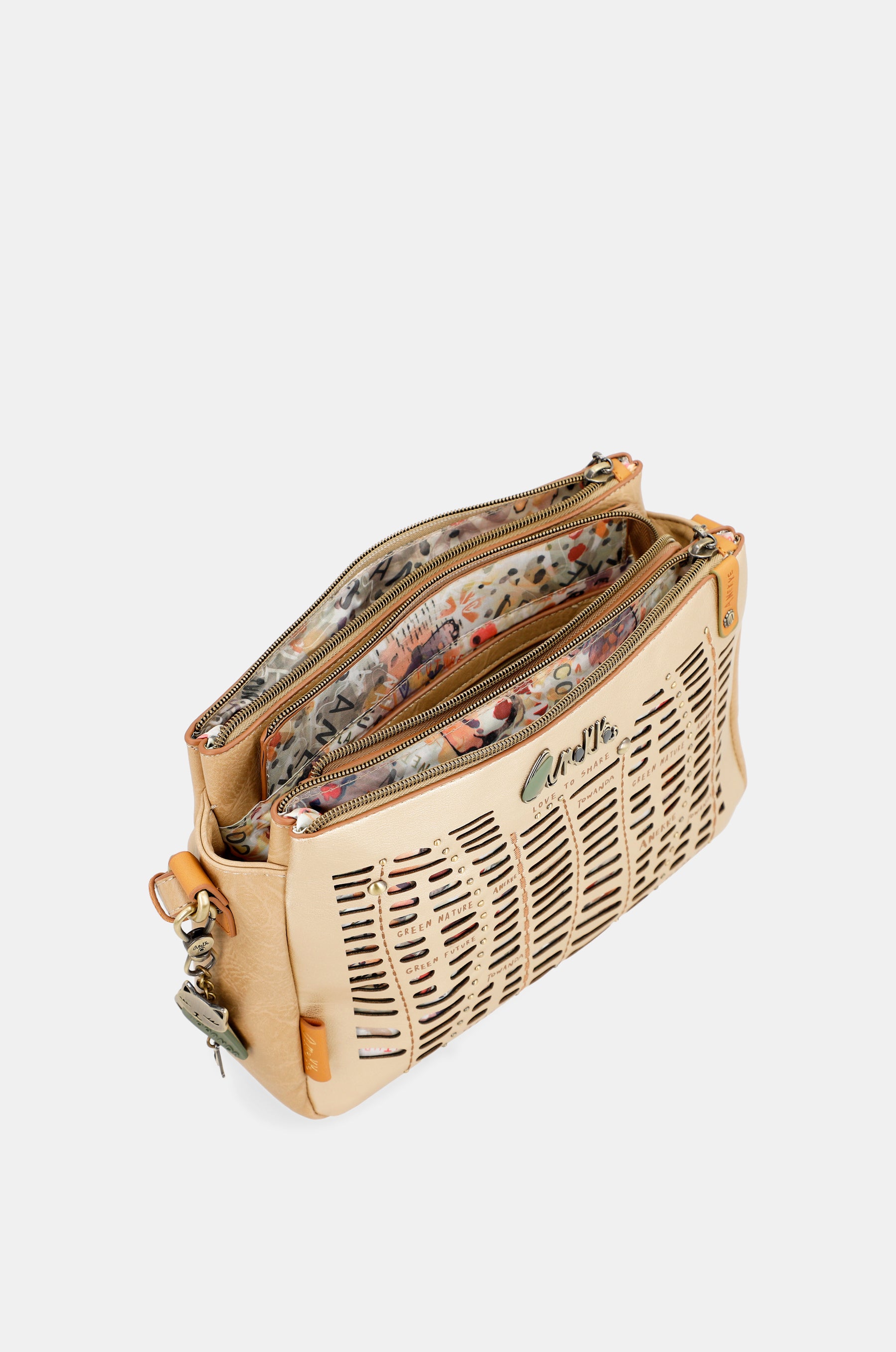 Nature Pachamama golden crossbody bag with three compartments