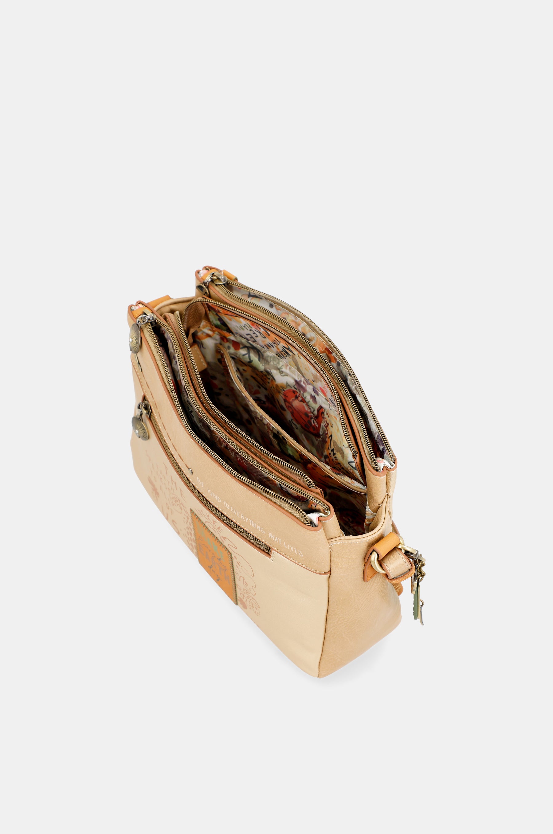 Nature Pachamama golden crossbody bag with three compartments