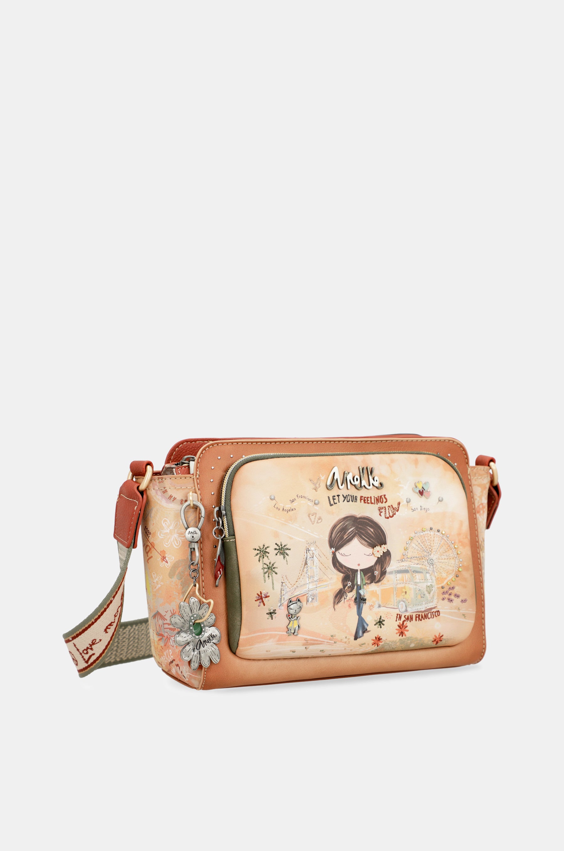Peace & Love camel rectangular crossbody bag