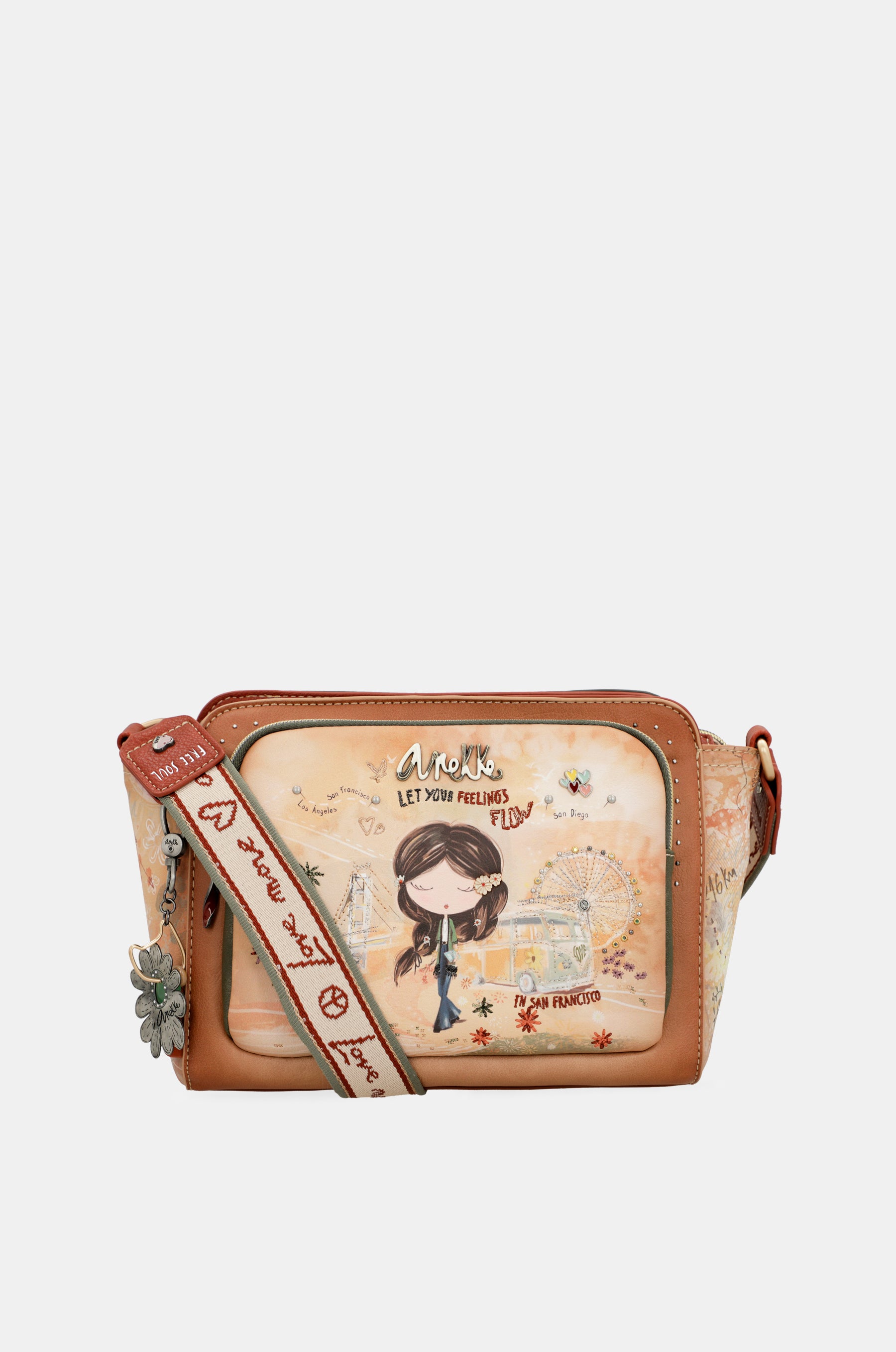 Peace & Love camel rectangular crossbody bag