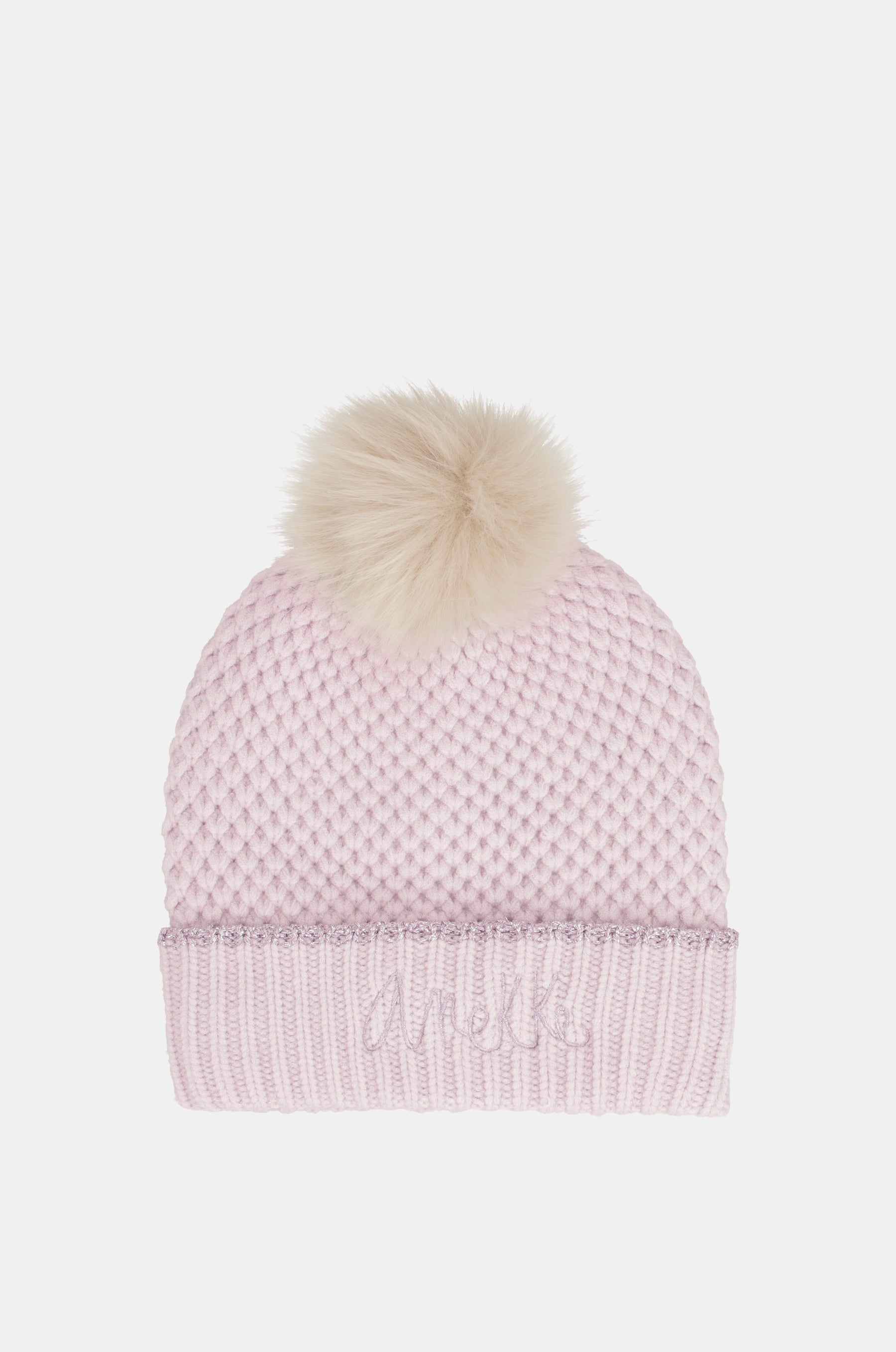 Knitted beanie with pink pompom