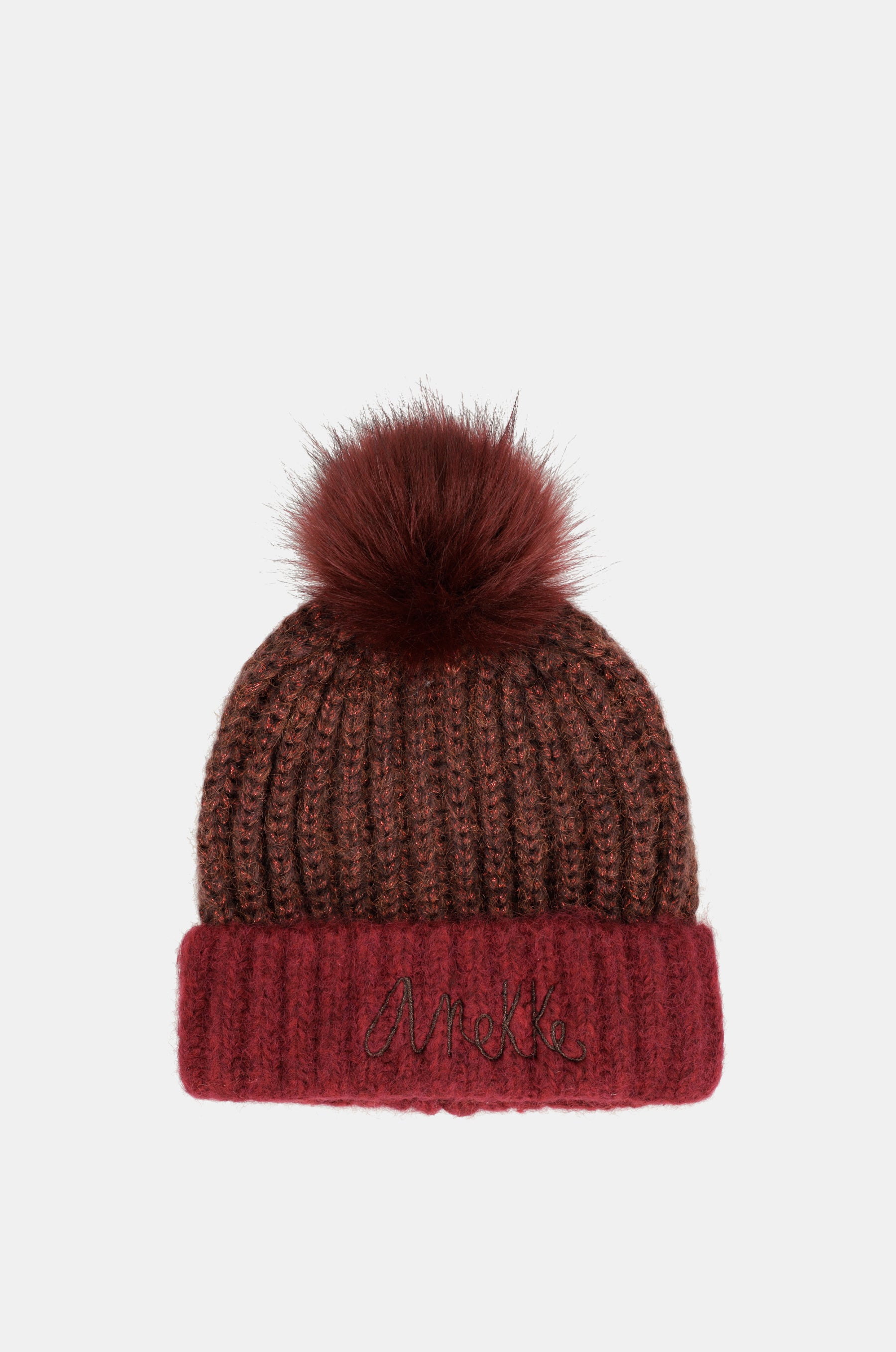 Burgundy knitted beanie with pompom