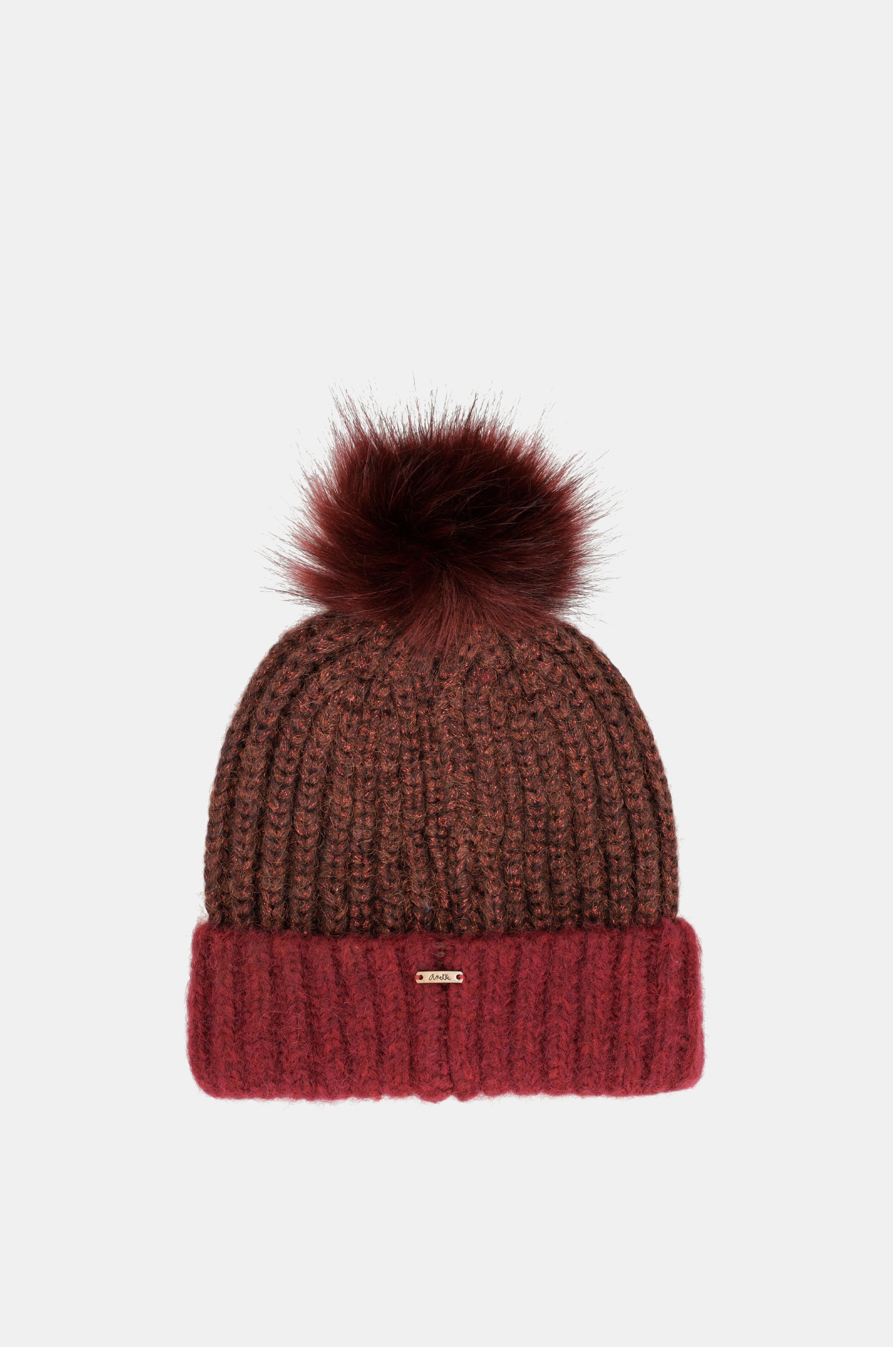 Burgundy knitted beanie with pompom