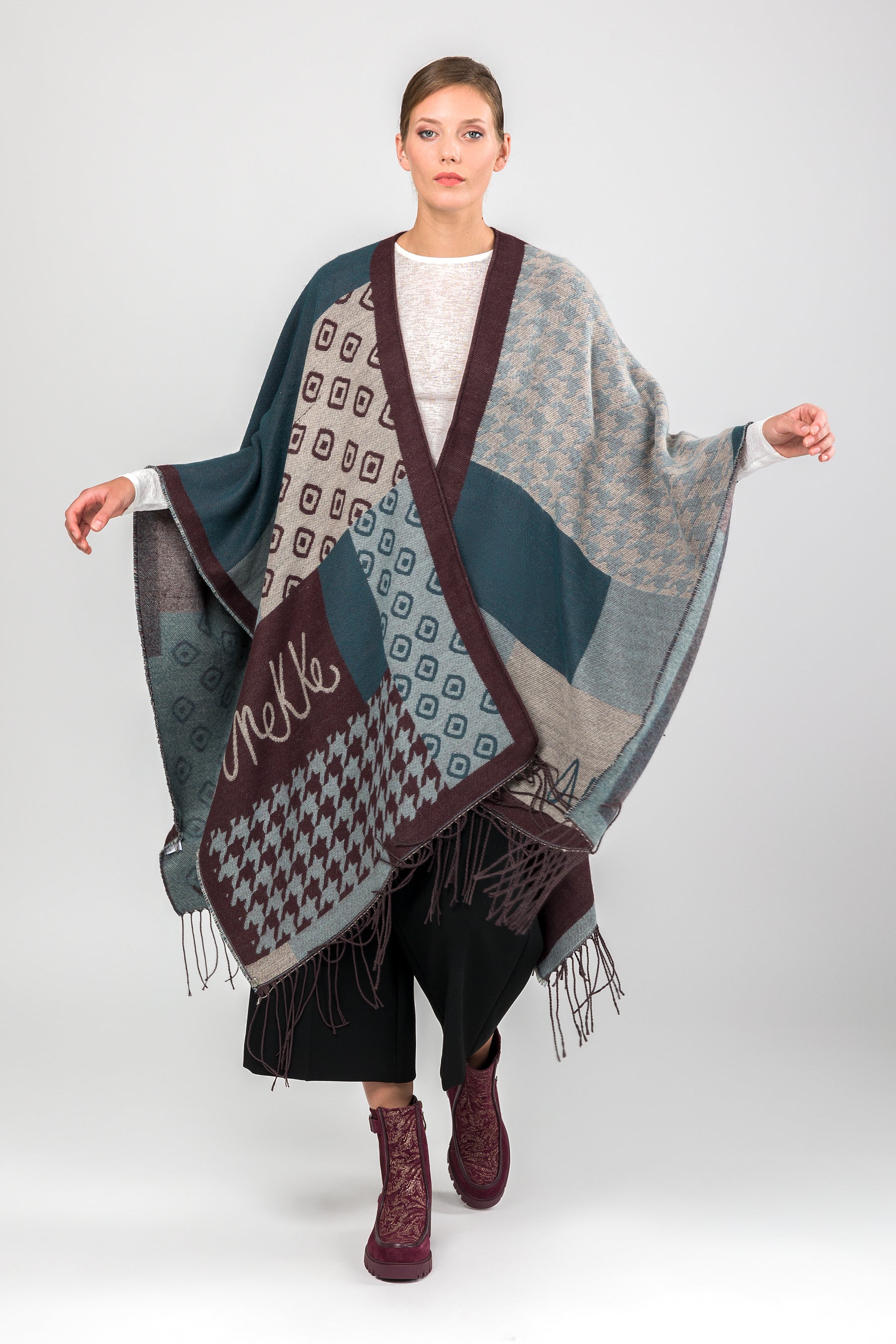 Petrol blue & beige fringed poncho