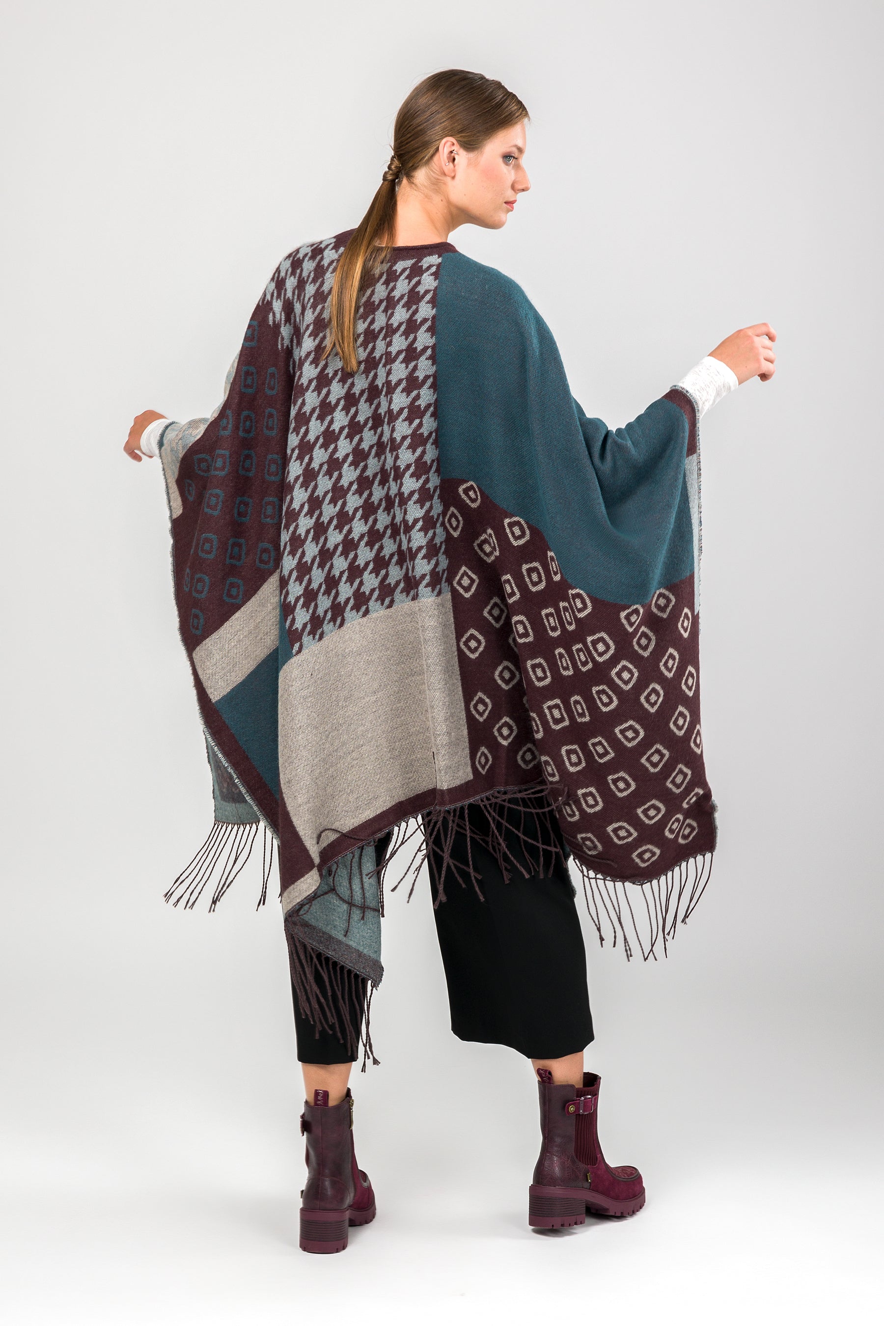 Petrol blue & beige fringed poncho