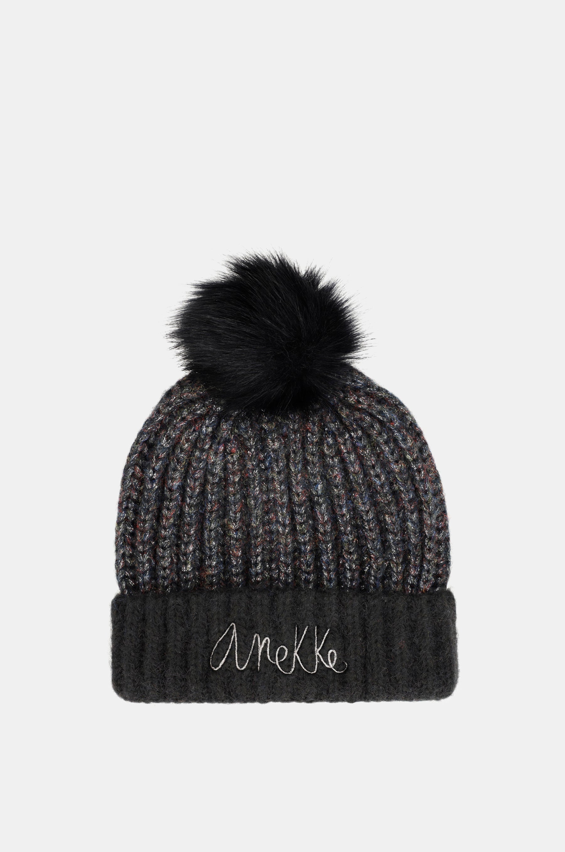 Black knitted beanie with pompom