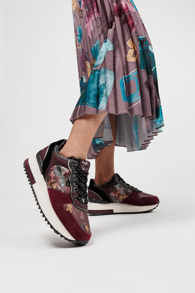 Printed burgundy platform sneakers